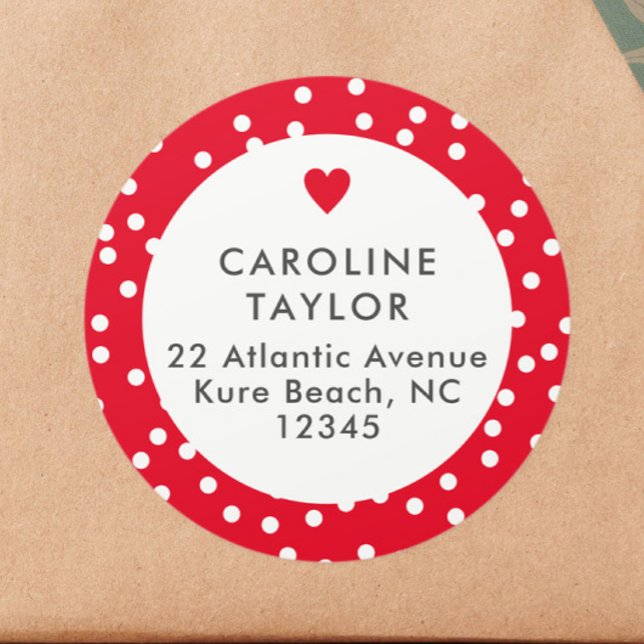 Bright Red Heart & Polka Dots Cute Girly Address Classic Round Sticker (Creator Uploaded)
