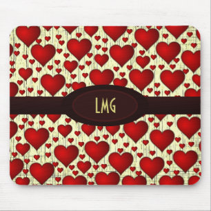 Bright Red Hearts Pattern with Burgundy Nameplate Mouse Pad