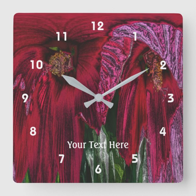 Bright Red Hibiscus Flowers Abstract Art  Square Wall Clock (Front)