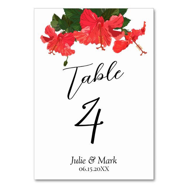 Bright Red Hibiscus Wedding Table Number Card (Front)