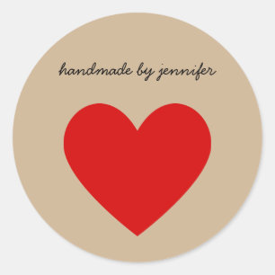Bright Red I Love Heart Handmade By Name Custom Classic Round Sticker