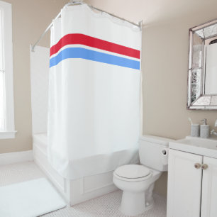 Bright Red Light Blue Top Racing Stripes On White Shower Curtain