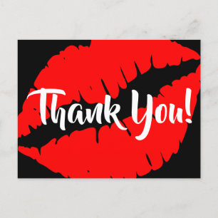 Bright Red Lipstick Big Kiss Black Thank You Postcard
