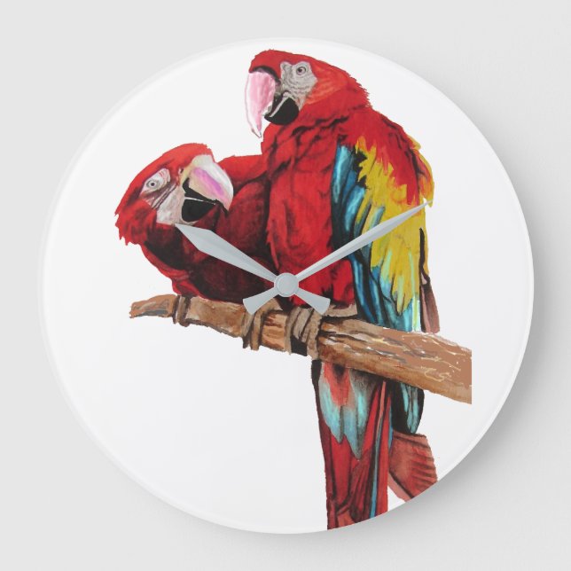 Bright Red Macaw Parrots Watercolor Art Wall Clock (Front)