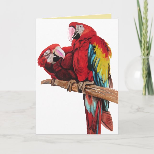 Bright Red Macaw Parrots Watercolor Birthday Card (Front)
