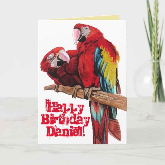 Bright Red Macaw Parrots Watercolor Birthday Card (Front)