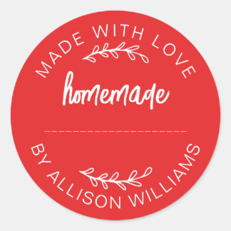 Bright Red Made With Love Homemade Food Jar Classic Round Sticker