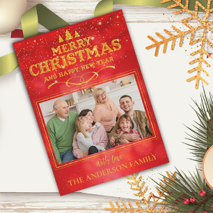 Bright Red Merry Christmas Happy New Year Photo  Holiday Card
