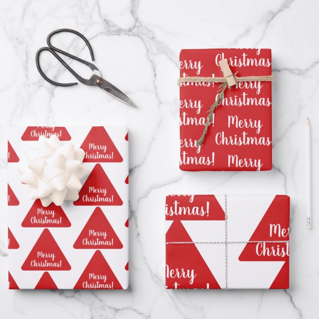 Bright Red Merry Christmas Modern Pattern Wrapping Paper Sheet (Front)