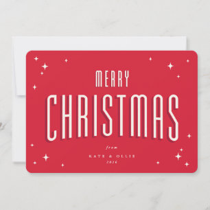 Bright Red Merry Christmas Retro Stars Flat Holiday Card