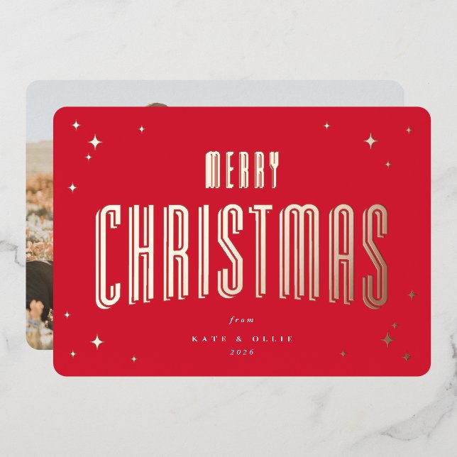 Bright Red Merry Christmas Retro Stars Photo  (Front/Back)