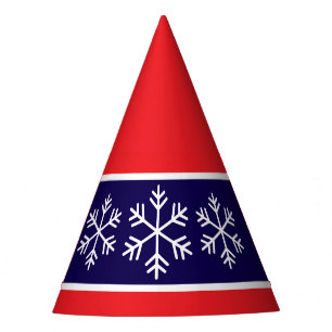 Bright Red Navy Blue Stripes Alpine Snowflakes Party Hat