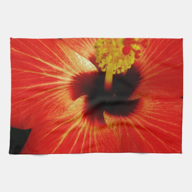Bright Red Orange  Hibiscus Flower Tea Towel (Horizontal)