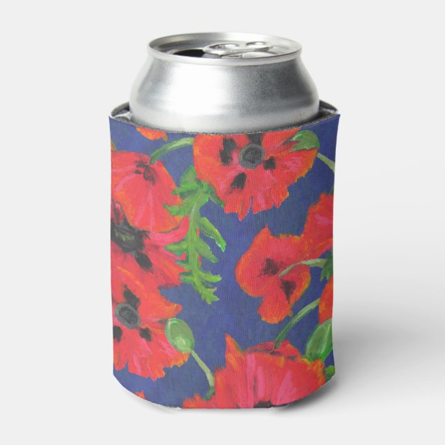 Bright Red Oriental Poppies Pattern on Blue Can Cooler (Can Front)