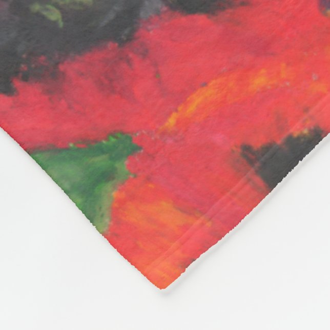 Bright Red Oriental Poppies Pattern on Blue Fleece Blanket (Corner)