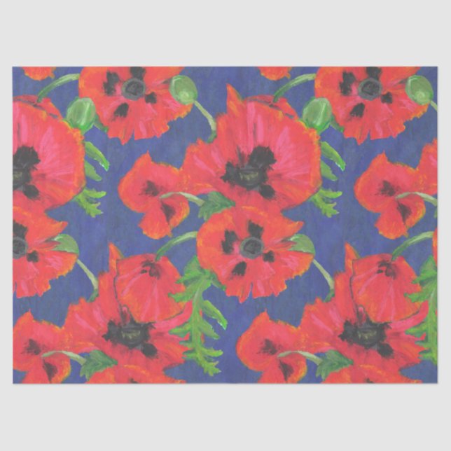 Bright Red Oriental Poppies Pattern on Blue Tissue Paper (Front)