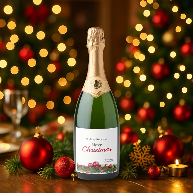 Bright Red Ornaments Modern Christmas Sparkling Wine Label (Creator Uploaded)