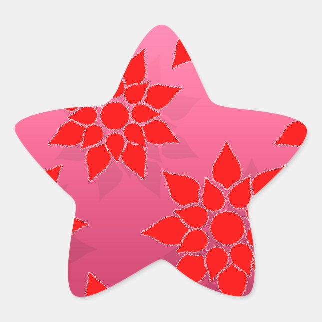 Bright Red over Deep Pink Floral Design Star Sticker (Front)