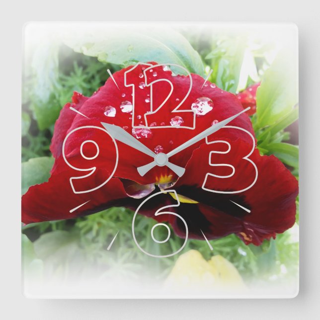 Bright red pansy square wall clock (Front)