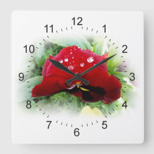 Bright red pansy square wall clock