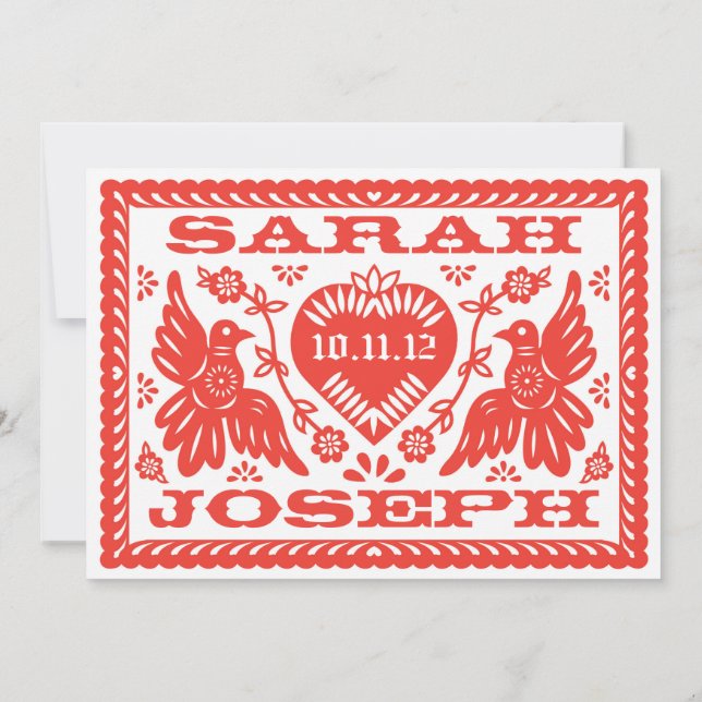 Bright Red Papel Picado Style Love Birds Invitation (Back)