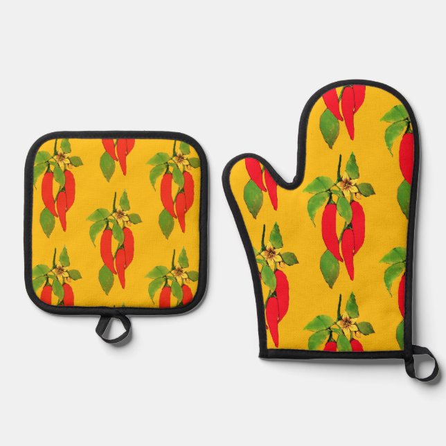 Bright Red Peppers Green Leaves on the Vine  Oven Mitt & Pot Holder Set (Front)