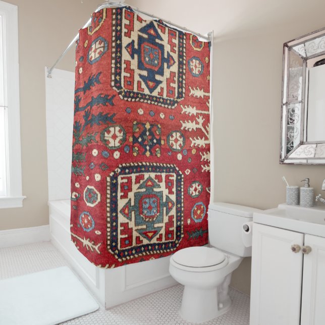 Bright Red Persian Geometric Shapes  Shower Curtain (In Situ)