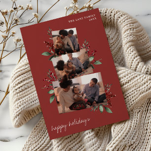 Bright Red Photo Collage with Berries and Greenery Holiday Card