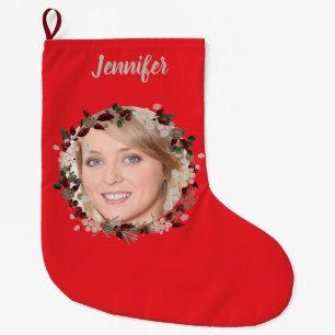 Bright red photo wreath and named large christmas stocking