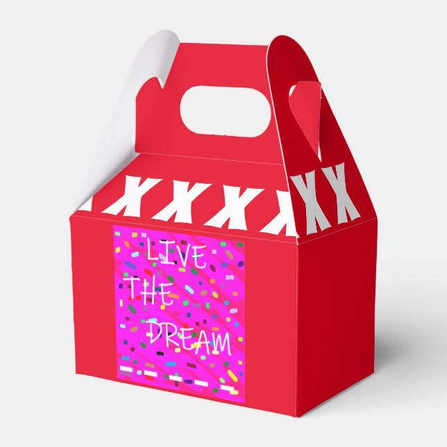 Bright red pink patterned with border at top favour box (Front Side)