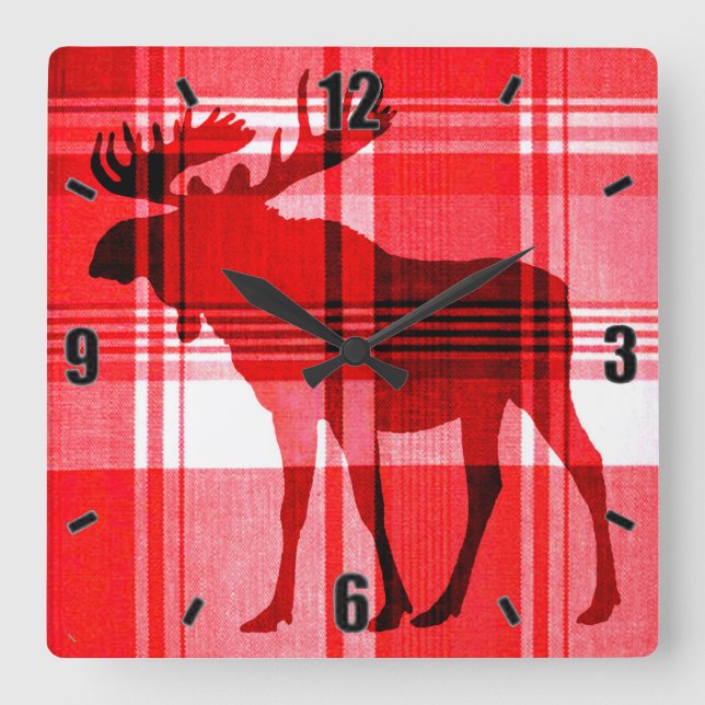 Bright red plaid moose rustic square clock (Front)