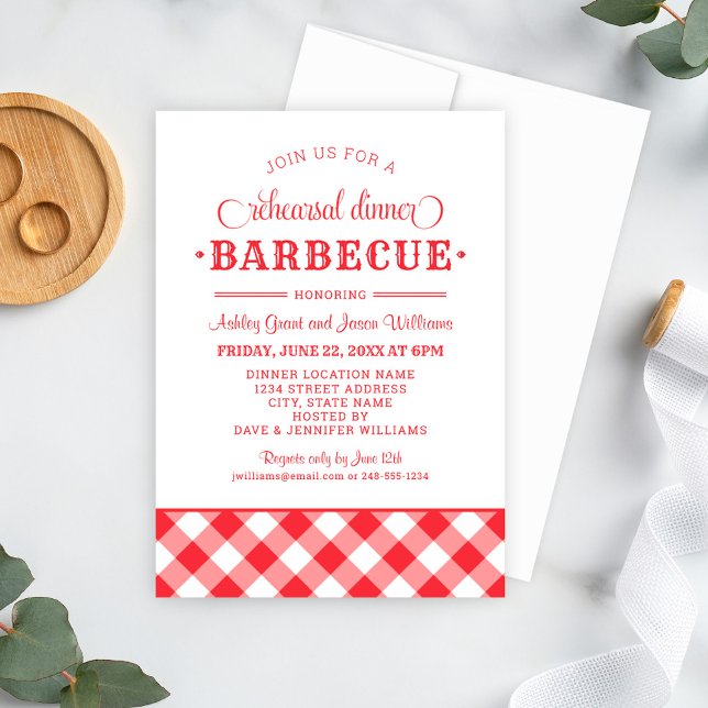 Bright Red Plaid Wedding Rehearsal Dinner Barbecue Invitation (Creator Uploaded)