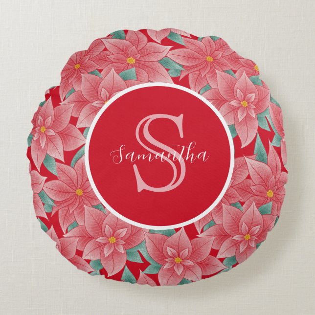 Bright Red Poinsettia Personalised Monogram Round Cushion (Front)