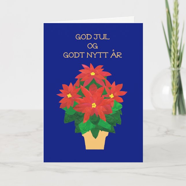 Bright Red Poinsettias Norwegian Language Greeting Holiday Card (Front)