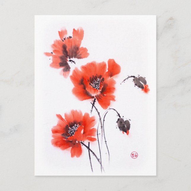 Bright red poppies sumie ink and watercolor postcard (Front)