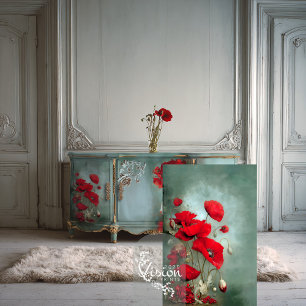 Bright Red Poppies Turquoise Teal Tissue Paper