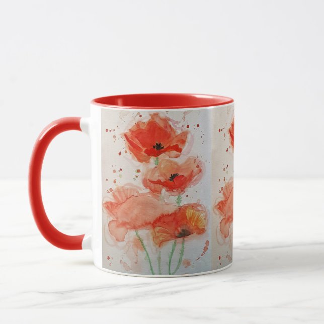 Bright Red Poppies Watercolour Flower Floral Mug (Left)