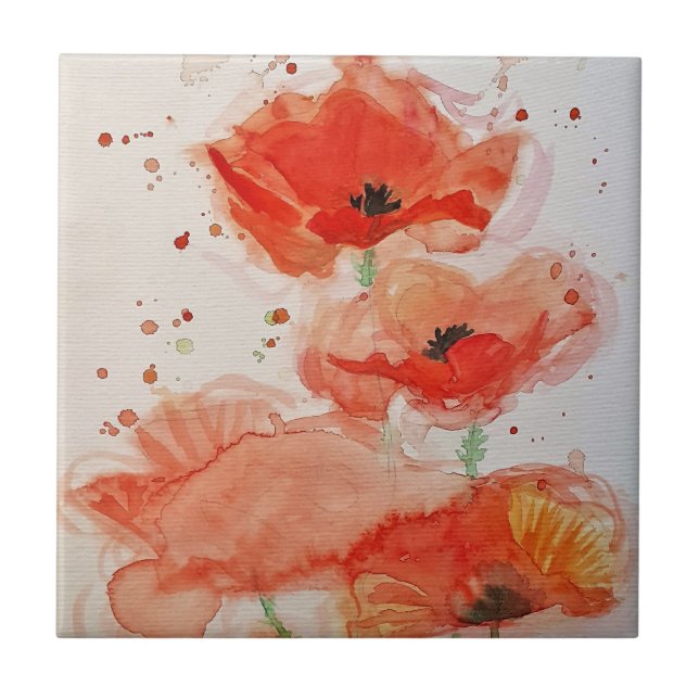 Bright Red Poppies Watercolour Flower Floral Tile (Front)
