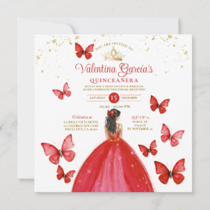 Bright Red Quinceañera 15 Anos Butterfly Gold Invitation