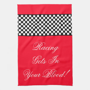 Bright Red Racing Theme Shop Tea Towel