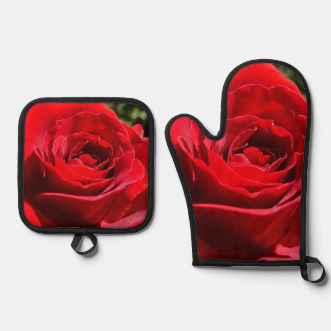 Bright Red Rose Flower Beautiful Floral Oven Mitt & Pot Holder Set (Front)