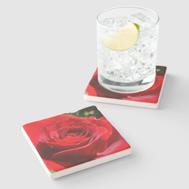 Bright Red Rose Flower Beautiful Floral Stone Coaster (Side)