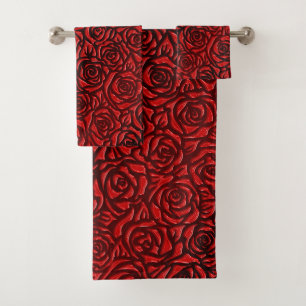 Bright Red Rose Pattern Bath Towel Set