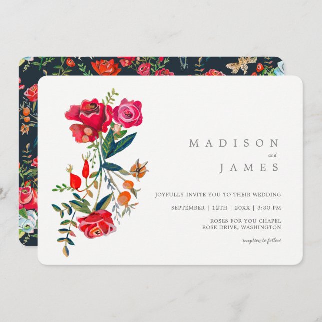 Bright red roses floral wedding invitation (Front/Back)