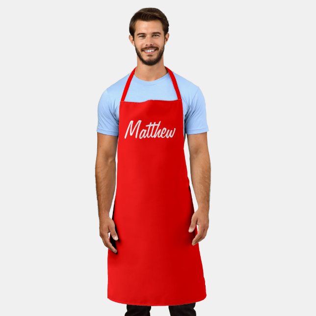 bright red solid colour -personalised apron (Worn)