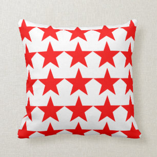 Bright Red Star Pattern on White Cushion