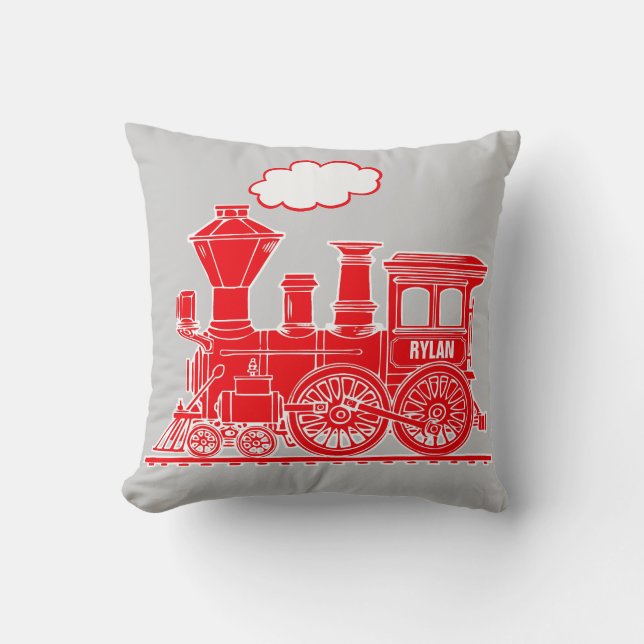 Bright red steam train loco grey throw pillow (Front)