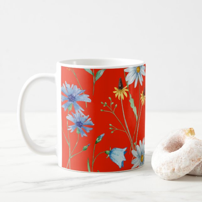 Bright Red Summer Floral Coffee Mug (With Donut)