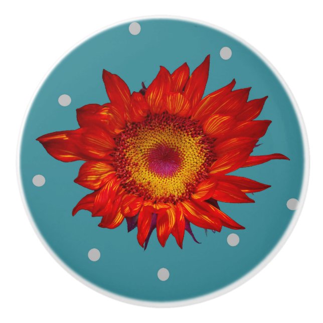 Bright Red Sunflower on Blue Ceramic Pull Knob (Front)