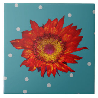 Bright Red Sunflower on Blue Ceramic Tile